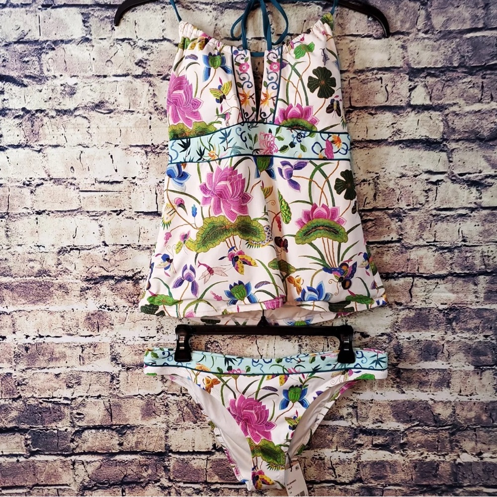 Nanette Lepore Two Piece White Floral Halter Top Swim Suit Size 10